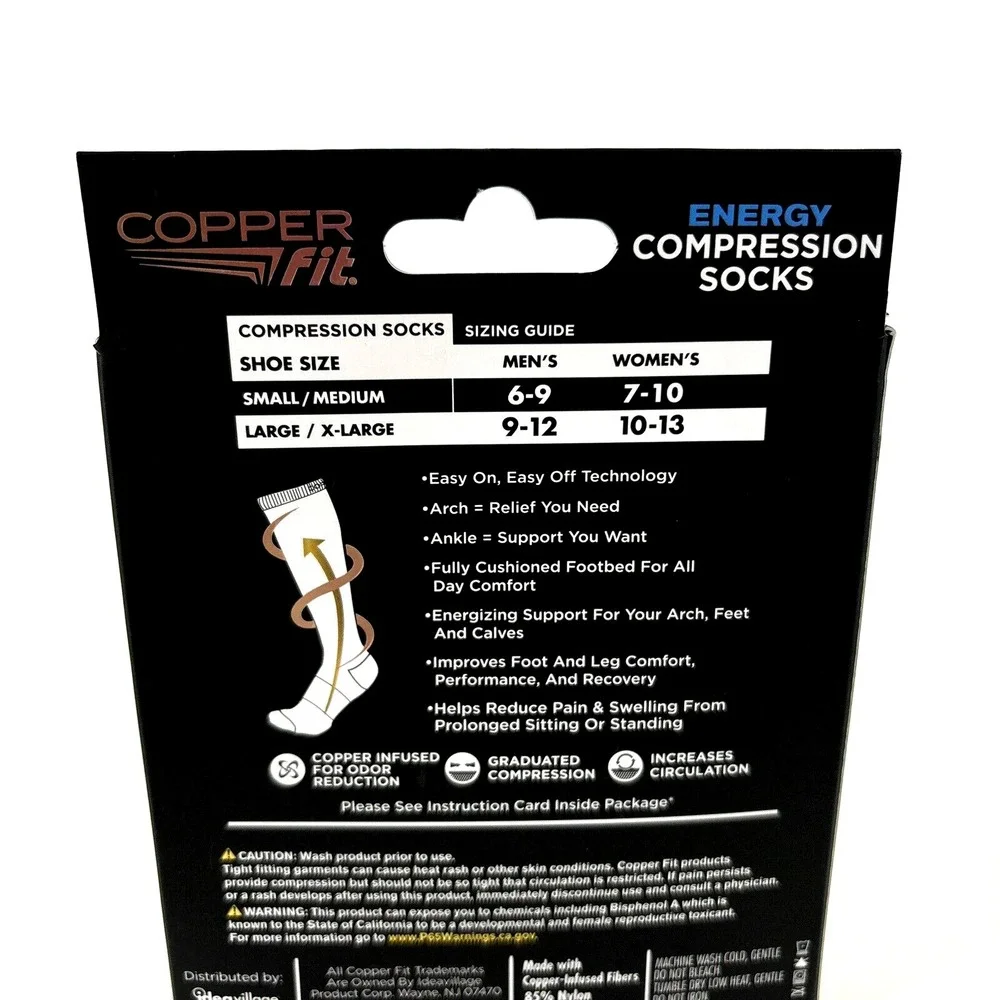 Copper Fit S/M‎ Energy Compression Black Socks Men 6-9 Women 7-10 NIB